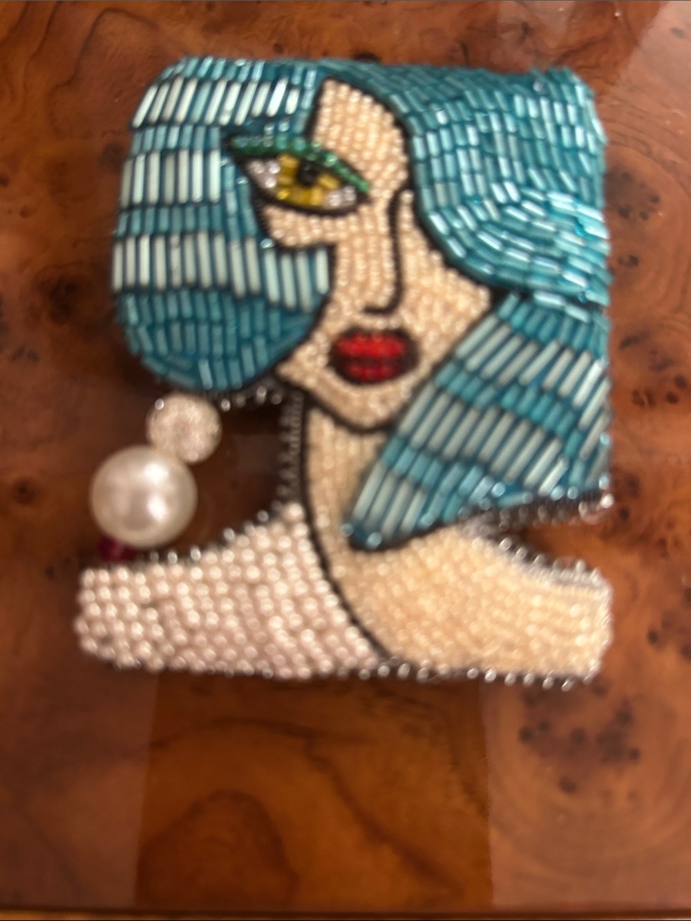 Beaded Pop Art Woman Face Brooch - Teal Hair, Red Lips